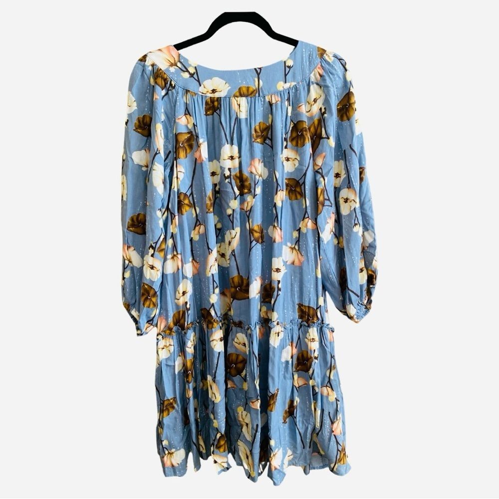 Entro Floral Peasant Dress Medium Blue 3/4 Sleeves Ruffle Line Boho Cottage NWT